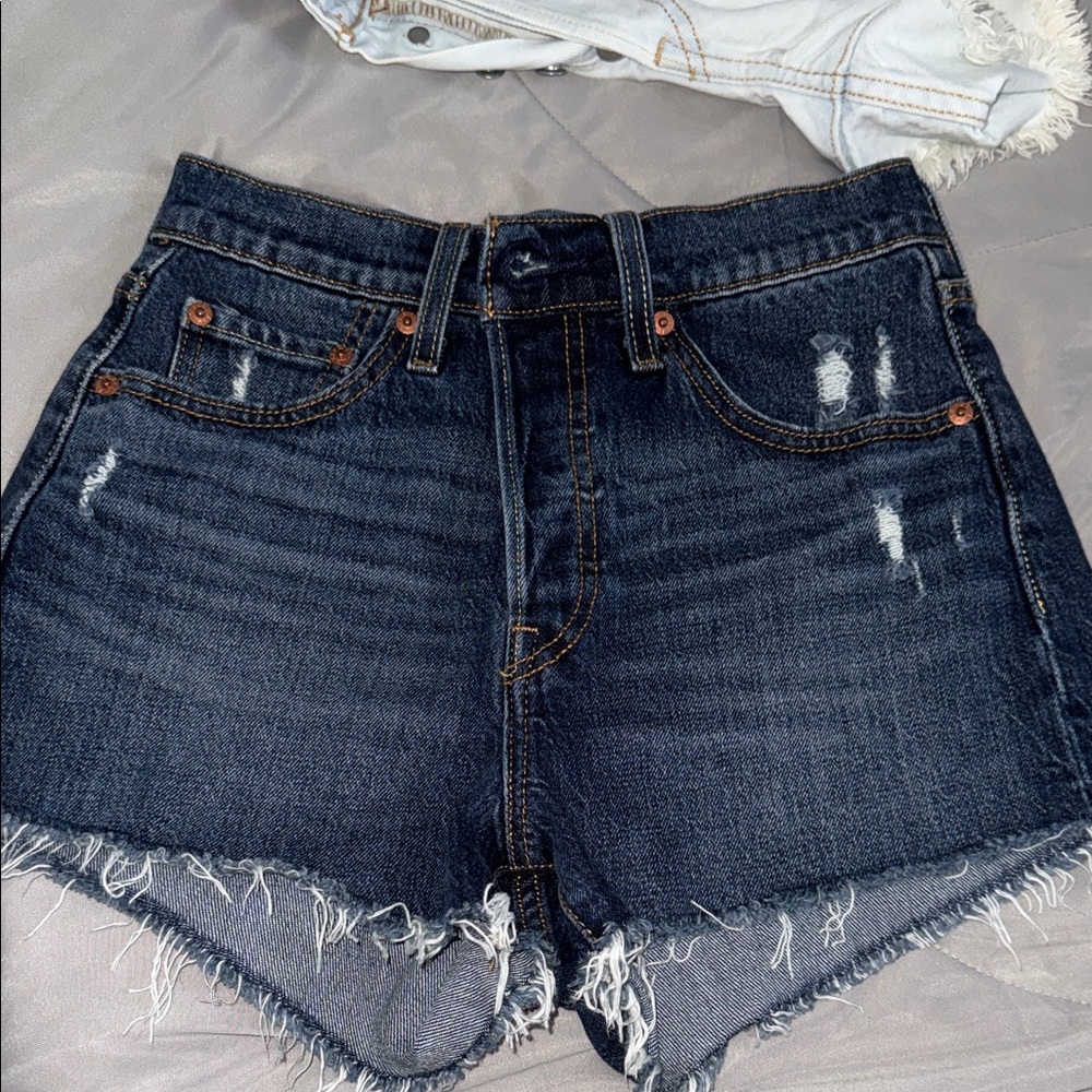 Levi's Dark Blue Distressed Jean Shorts 501’s